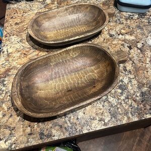 Rustic Hand-Carved Wooden Dough Bowls - Set of 2, Brown